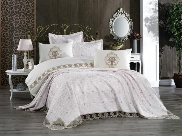 Fransız Güpürlü Nakışlı Valencia Gelin Seti Pudra Altın