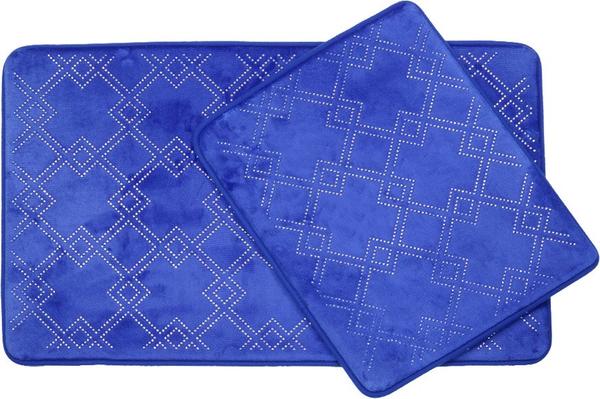 Almina Elegance Parlak Taşlı Kare Desen Banyo Paspas Seti 2 Parça Midi | Lacivert