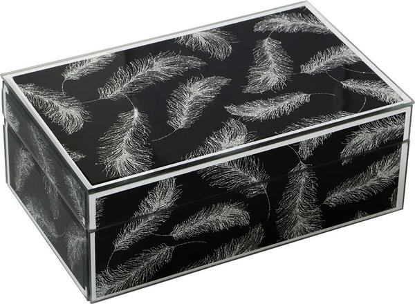 Dekonaz Dekoratif Modern Takı Kutusu Aynalı Kristal Tozlu Tüy Motifli | Siyah