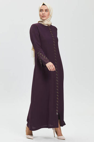 Derin Mürdüm Kolu Perde Taşlı Ferace 9073-20