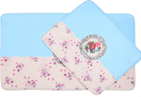 Almina Vintage Gülü Banyo Paspas Seti 2 Parça | Gök Mavisi/Toz-Pembe