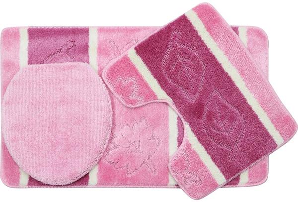 Duygu Yaprak Desenli 3 Parça Banyo Paspas Seti | Pembe | Ban-0030