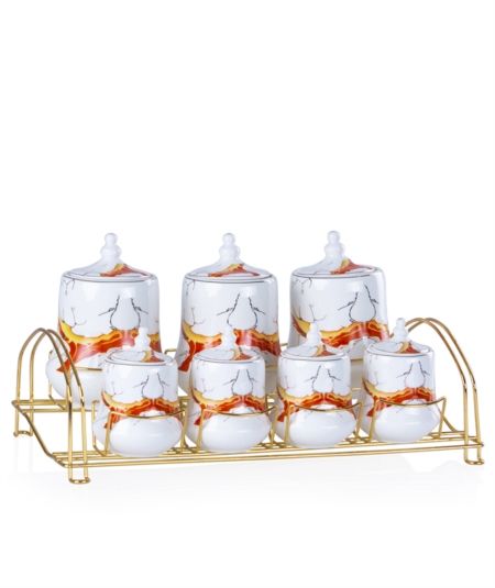 Acar Küche | Porzellan 7-tlg. Rot - Weiß gemustertes Gewürzset