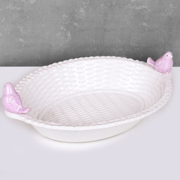Pembe Kuşlu Beyaz Seramik Sepet | K+