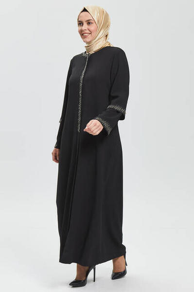 Derin Siyah Gümüş Diken Taş Ferace 9072-20