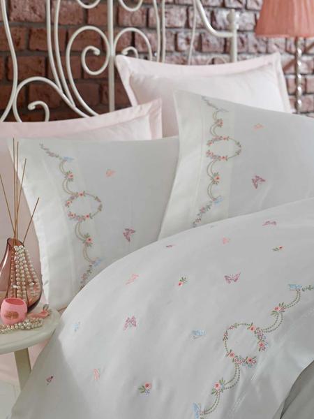 Dantela Bade Nakışlı Pamuk Saten Nevresim Takımı Krem