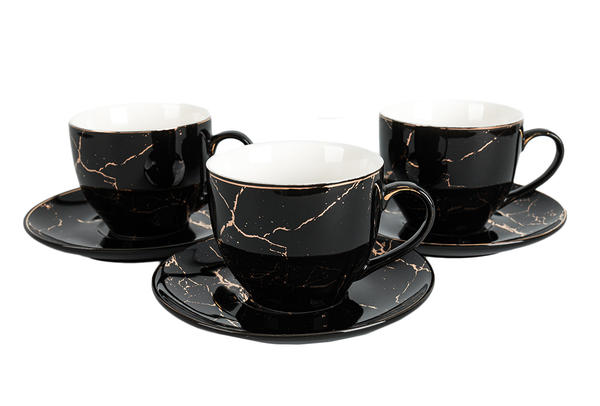 Hayal | Kahve Fincan Seti | 6 Kişilik | 12 Parça | Mermer Desenli | Siyah Altın