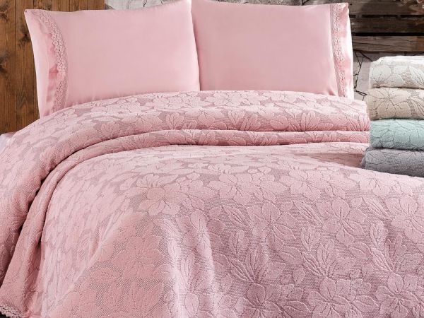 Fransız Güpürlü Orya Çift Kişilik Pike Takımı Gül Kurusu