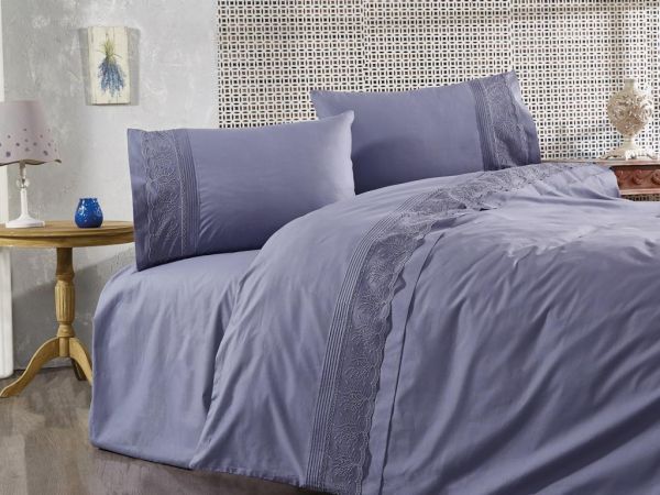 Ensemble housse de couette double jardin Guipure Gönül Indigo
