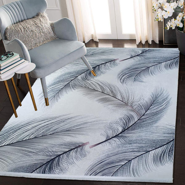 Siela | Kuş Tüyü Desenli | Yıkanabilen Halı | Beyaz | 1714-White