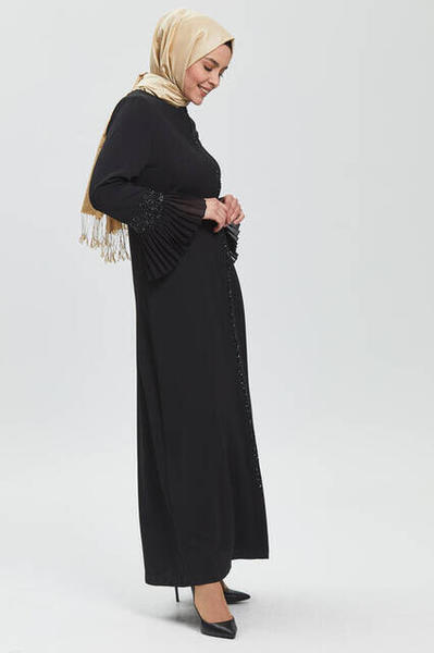 Abaya à froufrous en pierre avec manche noir profond 9047-20