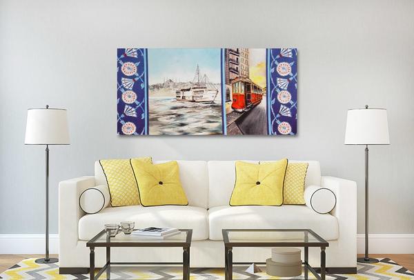 Dekonaz Lüks İstanbul, Vapur ve Tramvay Silueti Motifli Kanvas Tablo - 118x59cm