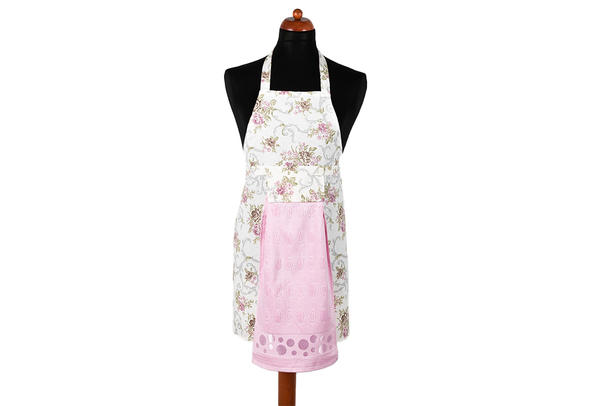 Dekonaz Çiçek Desenli Mutfak Önlüğü | Pembe Havlu ve El Bezi Hediyeli | 73cm x 59cm