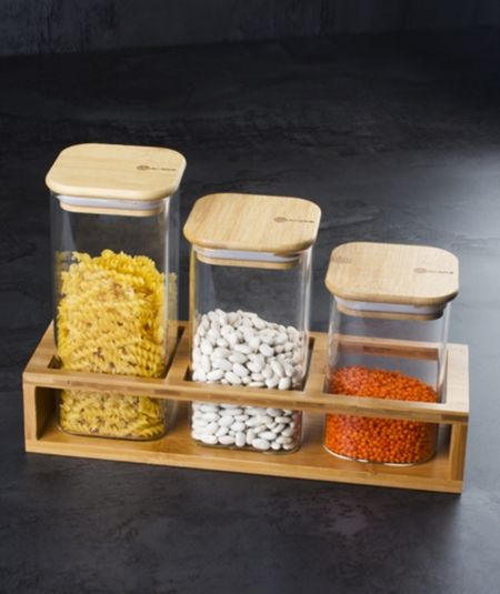 Acar | Ensemble de 3 bocaux en verre avec support en bambou