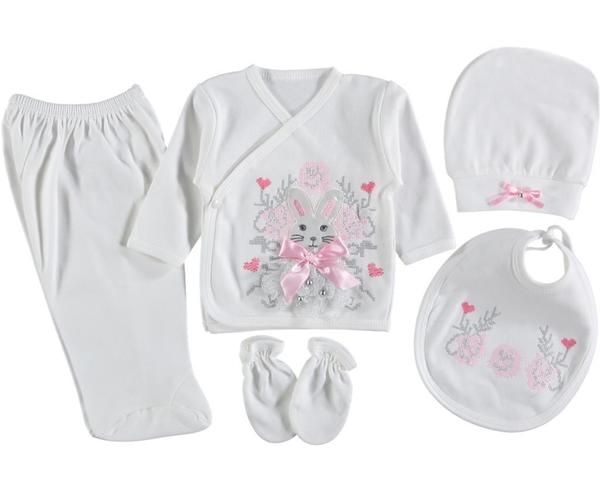 Rabbit Girl Hastane Çıkışı Bebek Zıbın Seti 5 Parça Pembe