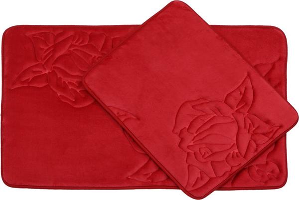Almina Premium Gül Desenli Banyo Paspas Seti 2 Parça Midi | Kırmızı