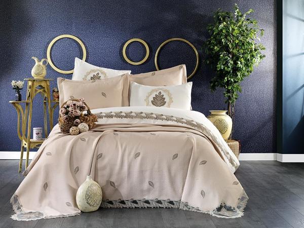 Fransız Güpürlü Nakışlı Alya Gelin Seti Krem Cappucino