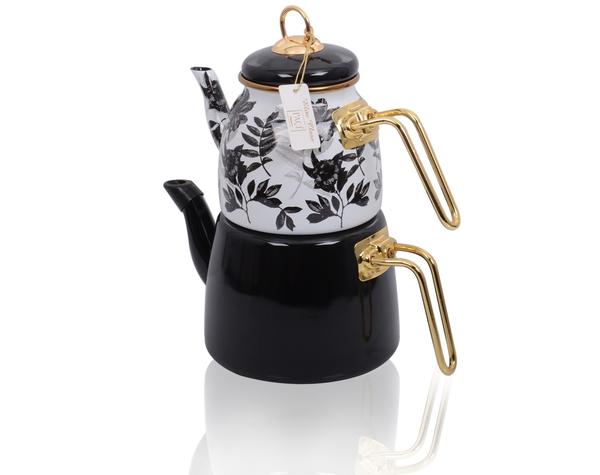 Bayev | Elite Class Siyah Motifli Emaye Çaydanlık 1000-2000 ml