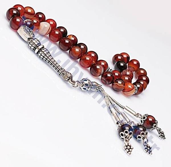 Akik Taşı Tesbih (925 AYAR GÜMÜŞLÜ 8mm) - Kahverengi