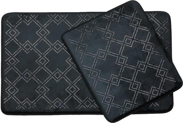 Almina Elegance Parlak Taşlı Kare Desen Banyo Paspas Seti 2 Parça Midi | Siyah