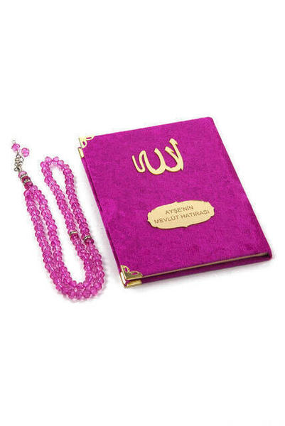 Livre Yasin recouvert de velours - Taille du sac - Assiette spéciale nom - Chapelet - Marsupial - Couleur Fuchsia - Mevlüt