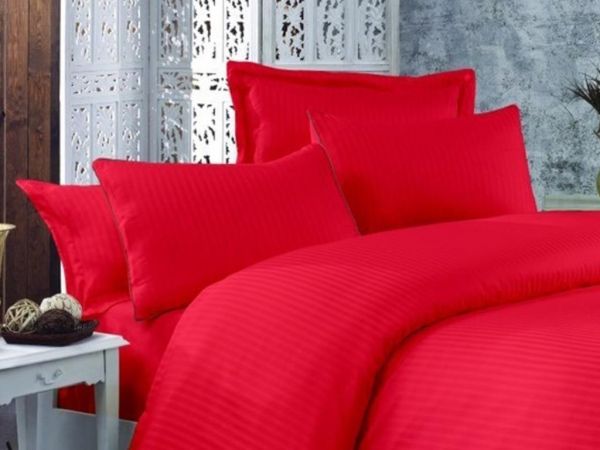 Striped Cotton Satin Duvet Cover Set Red