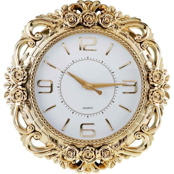 Almina Büyük Boy Gül Motifli Yuvarlak Duvar Saati - Altın 50x50 cm