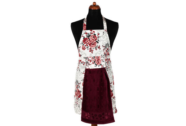 Dekonaz Gül Desenli Mutfak Önlüğü | Bordo Havlu ve El Bezi Hediyeli | 73cm x 59cm