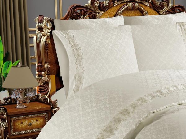 Beyza French Guipure Jacquard Satin Bettbezug Set Creme