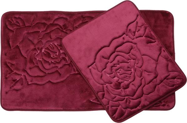 Almina Premium Gül Desenli Banyo Paspas Seti 2 Parça Midi | Bordo