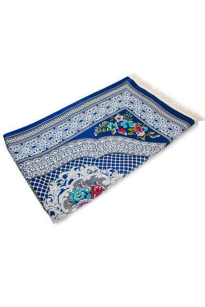 Tapis de prière doublé - motif fleur - couleur bleu marine