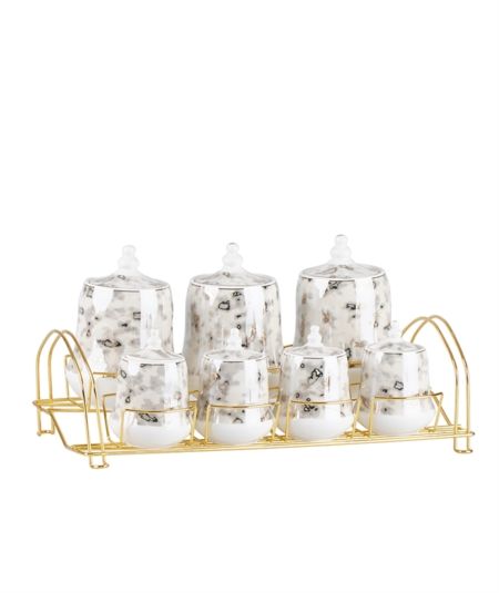 Acar Kitchen | Porcelain 7 Pieces White Patterned Spice Set