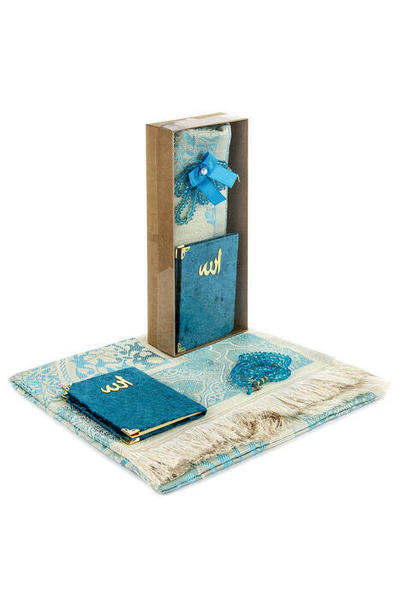 Kraft Boxed Gebetsteppich Set - Samtüberzogener Yasin - Gebetsteppich - Rosenkranz - Benzinfarbe