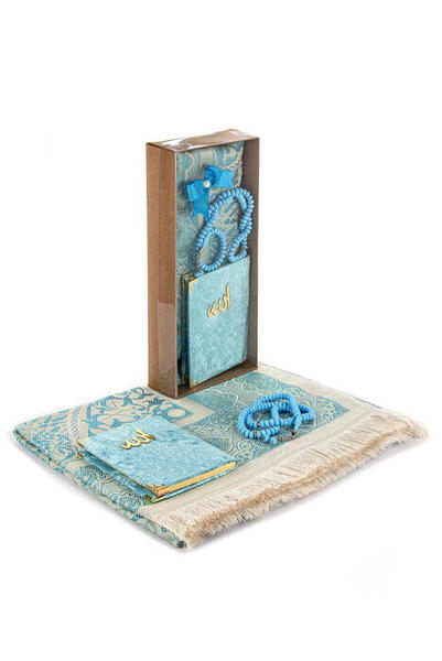 Kraft Boxed Prayer Rug Set - Velvet Covered Yasin - Prayer Rug - Rosary - Blue Color
