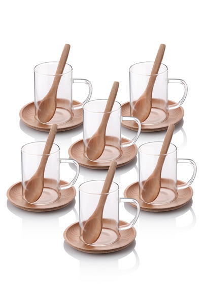 18 Parça Ahşap Tabaklı Ve Kaşıklı Cam Çay Seti