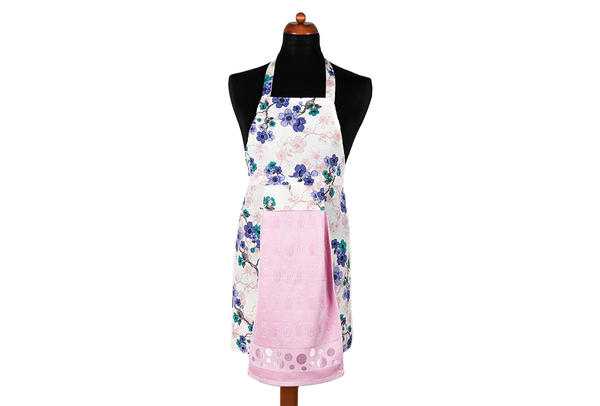 Dekonaz Çiçek Desenli Mutfak Önlüğü | Pembe Havlu ve El Bezi Hediyeli | 73cm x 59cm