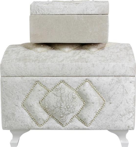 Dekonaz 2'li İnci Süslemeli Kabartmalı Çeyiz Sandığı | Bej | Dts-144-c