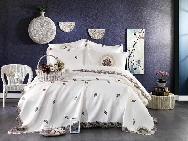 Fransız Güpürlü Nakışlı Alya Gelin Seti Krem Mürdüm