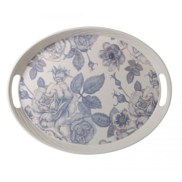 34x44 سم نقش ورد أزرق بيضاوي غير منزلق صينية ميلامين | SILK-FRM903