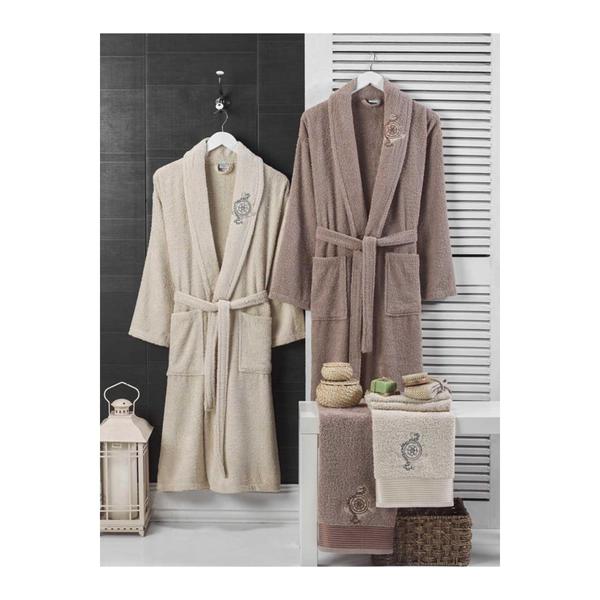 Forev %100 Pamuk Aile Bornoz Seti Bej-Kahve S-M