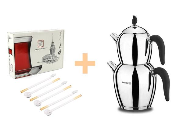 Korkmaz Şehnaz Çaydanlık Takımı & 6'lı Cam Kaşık Seti & Üsküdar Çay Bardak Seti Hediyeli !