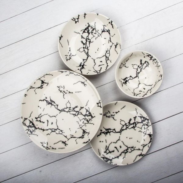 Asaf 24 Parça Porselen Yemek Takımı Transparan Siyah BS011