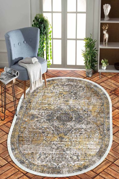 Birkilim Oval Yıkanabilir İpeksi Kaymaz Taban Dekoratif Halı | MLN-IP-O-HT-693
