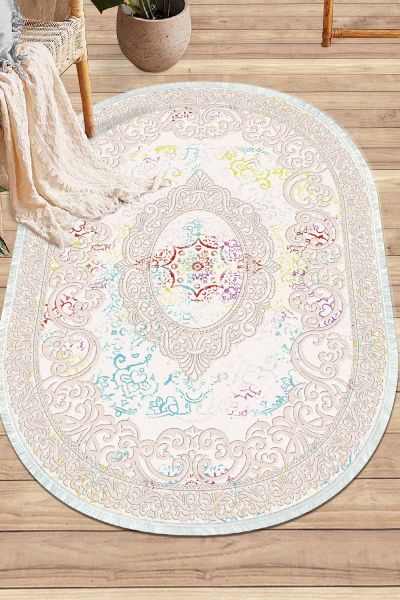 Birkilim Oval Yıkanabilir İpeksi Kaymaz Taban Dekoratif Halı | MLN-IP-O-HY-1057