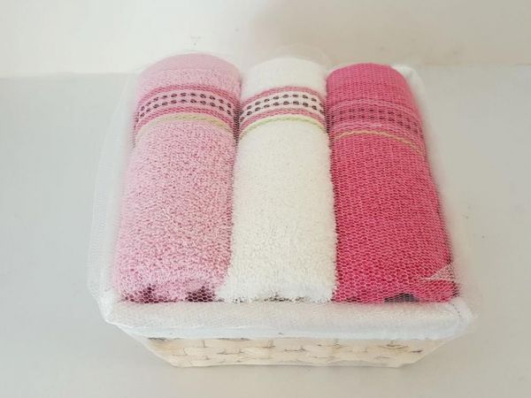 طقم سلة صندوق قطني مكون من 3 مناشف مطبخ وردي