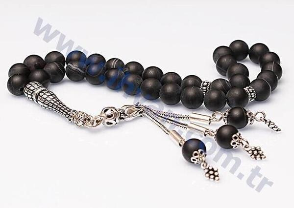 مسبحة من حجر العقيق (925 SET SILVER 8mm) - أسود