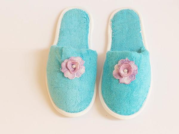 İncili Mor Gül Desenli Terlik Turkuaz