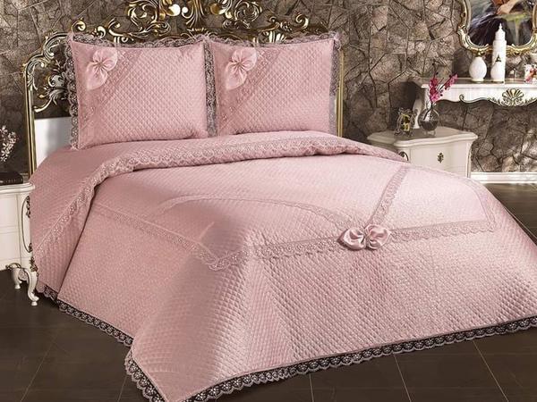 Gelincik Kapitoneli Fransız Güpürlü Yatak Örtüsü Pudra