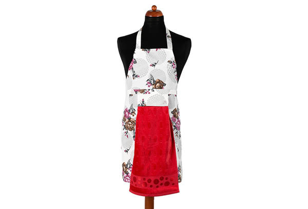 Dekonaz Çiçek Desenli Mutfak Önlüğü | Kırmzı Havlu ve El Bezi Hediyeli | 73cm x 59cm