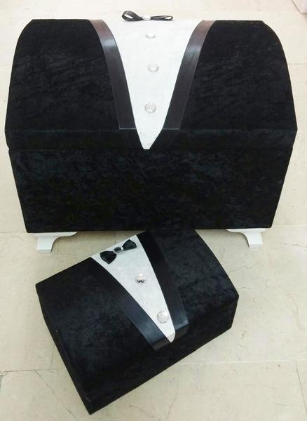 Damat Figürlü Kadife 2li Çeyiz Sandığı Siyah